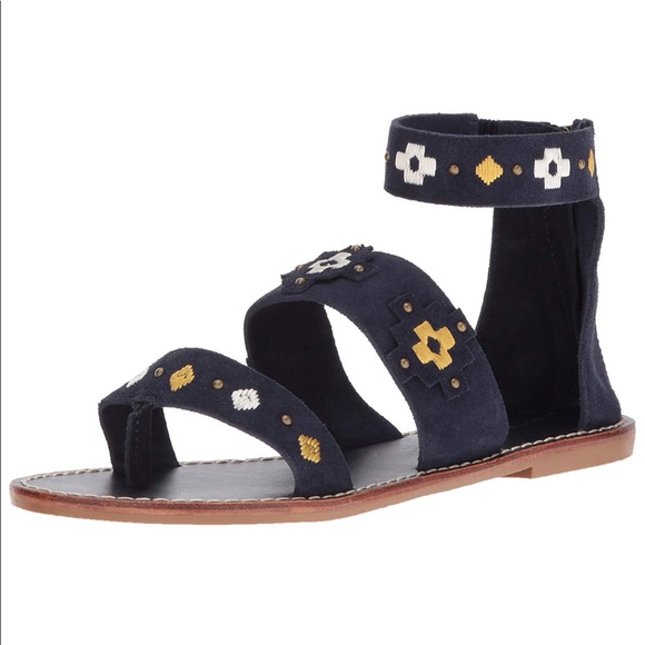 Navy Suede Boho Chic Embroidered Flat Sandal - Picture 2 of 4